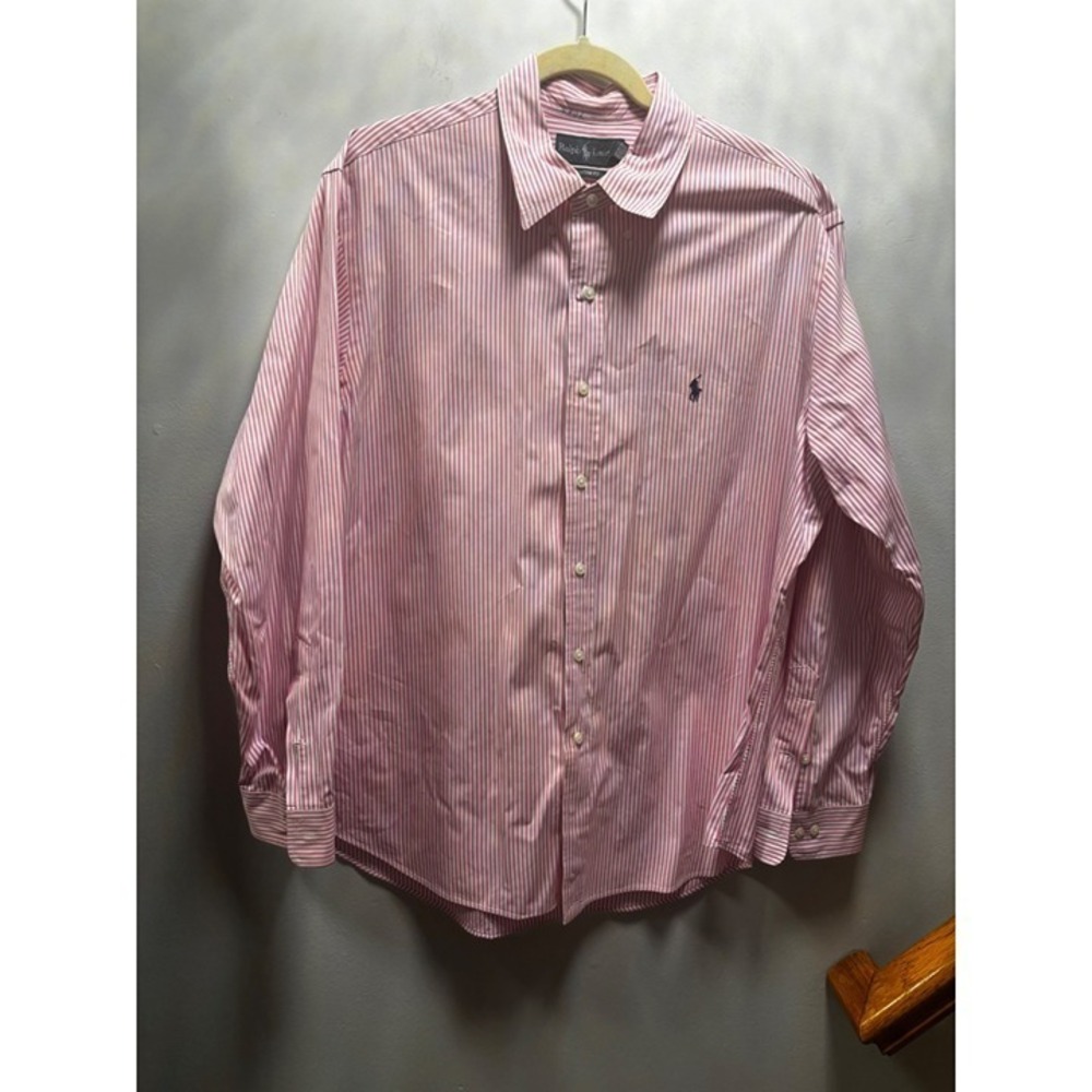 Ralph Lauren Striped Button Down Mens 17.5 Pink White Custom Fit Long Sleeve